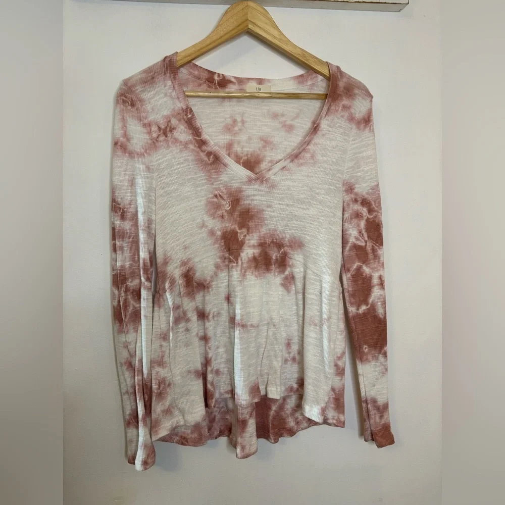 ANTHROPOLOGIE T.La PINK TIE DYE V-NECK JILL BABYDOLL PEPLUM TOP